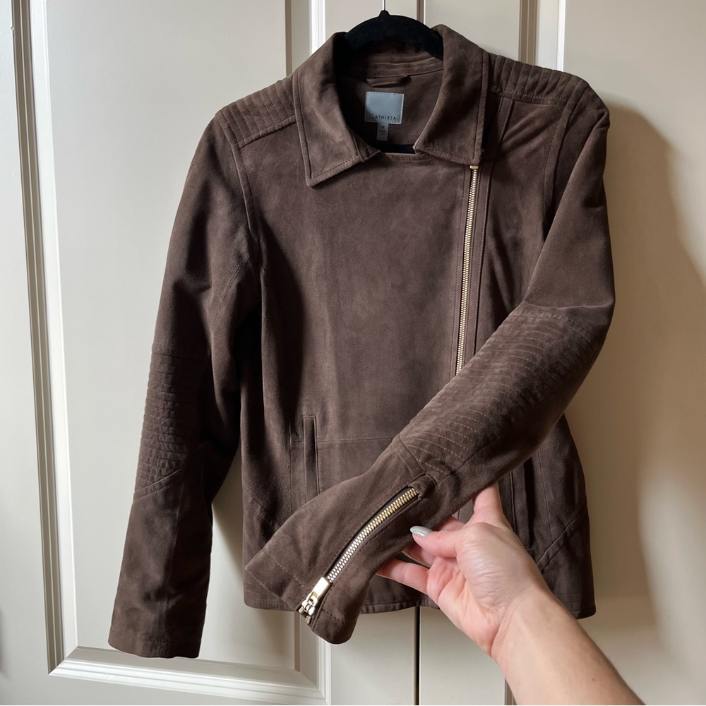 Like New Athleta Helena Suede Moto Jacket Dark Taupe size medium - Picture 6 of 12